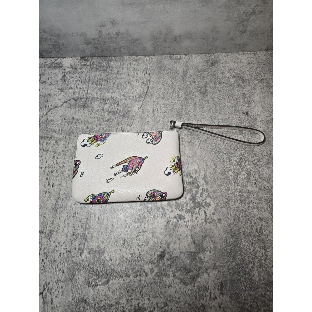 Coach Corner Zip Wristlet in Cosmic Rocket Print Chalk Multi Pebble Leather